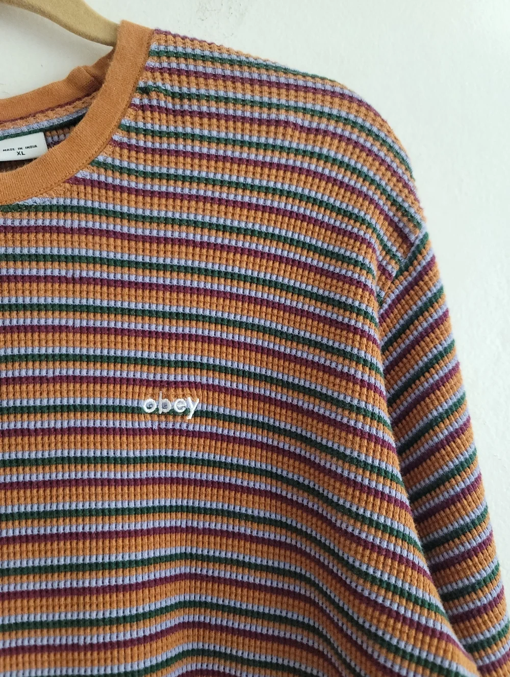 Obey Les Stripe Thermal Shirt Brown Sugar Multi Stripe‎ Long Sleeve 100% Cotton